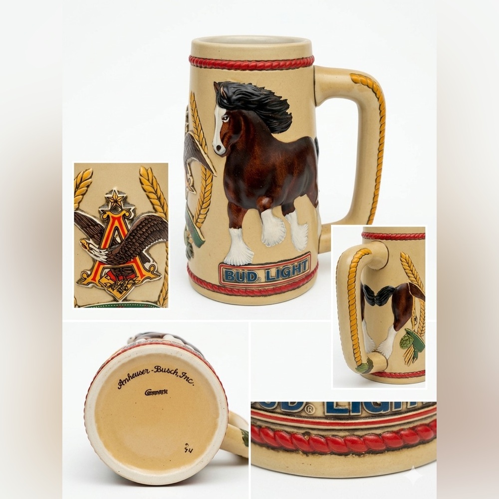 Authentic Vintage Anheuser Busch Bud Light Clydesdale Collectible Stein 6.5x3.5